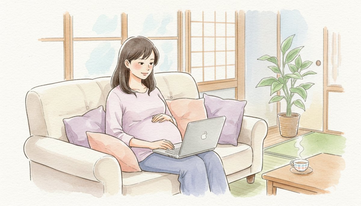 妊娠中のママがオンライン講座を受講している様子