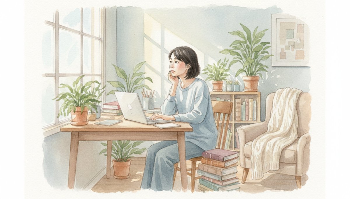 在宅ワークで悩む女性とパソコン