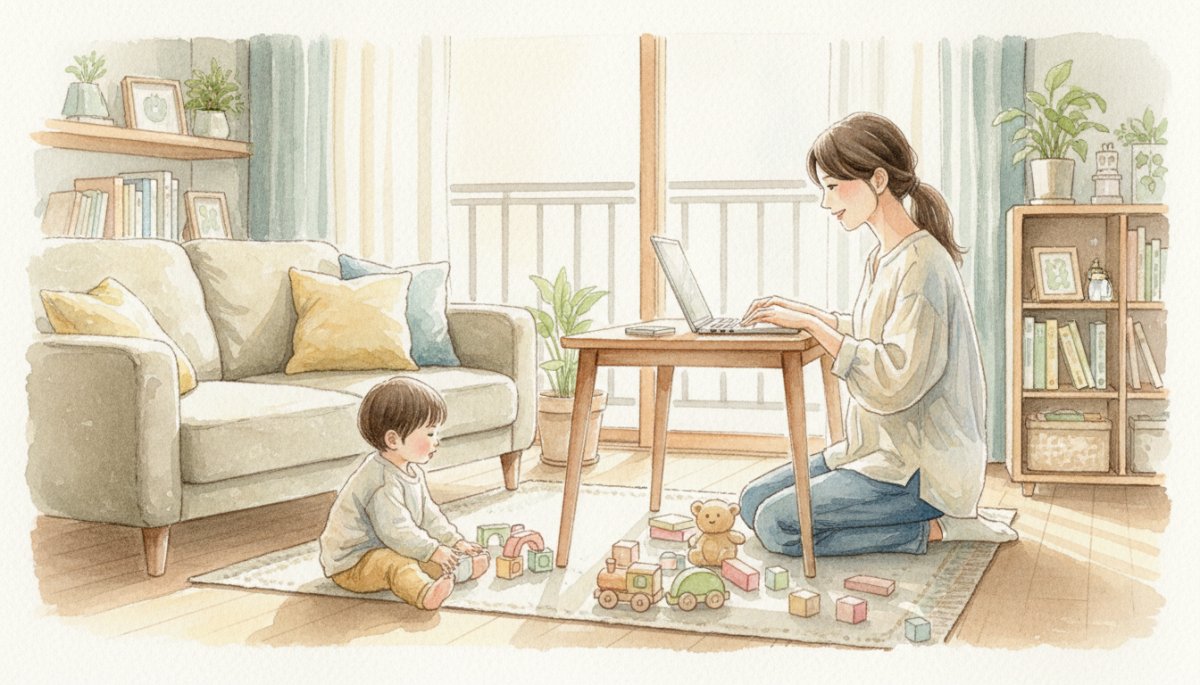 子育てしながら在宅ワークをする母親