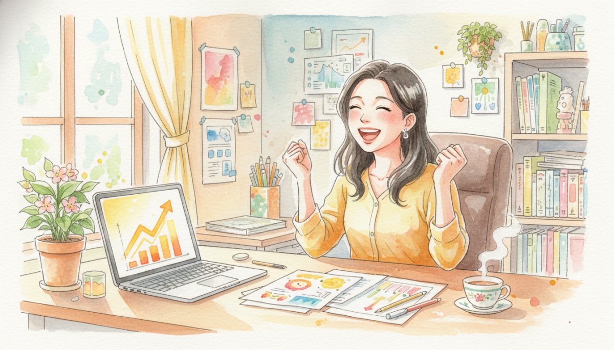 在宅ワークの成果を喜ぶ女性