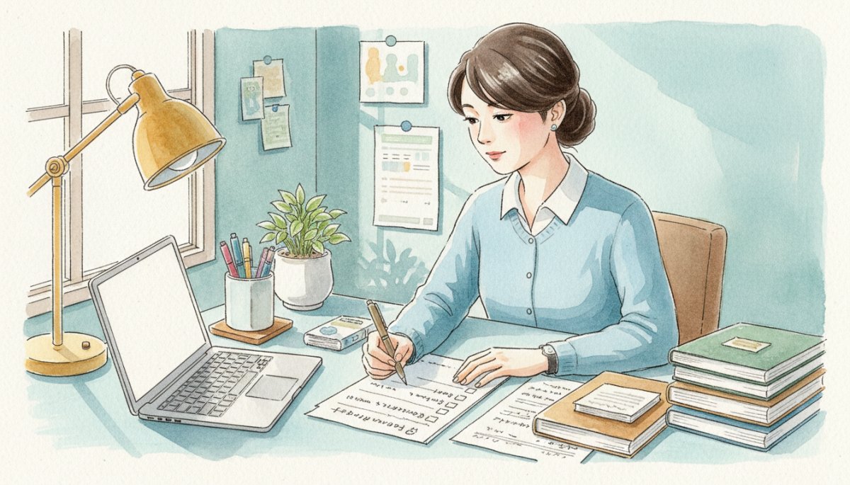 注意点を確認する女性とチェックリスト