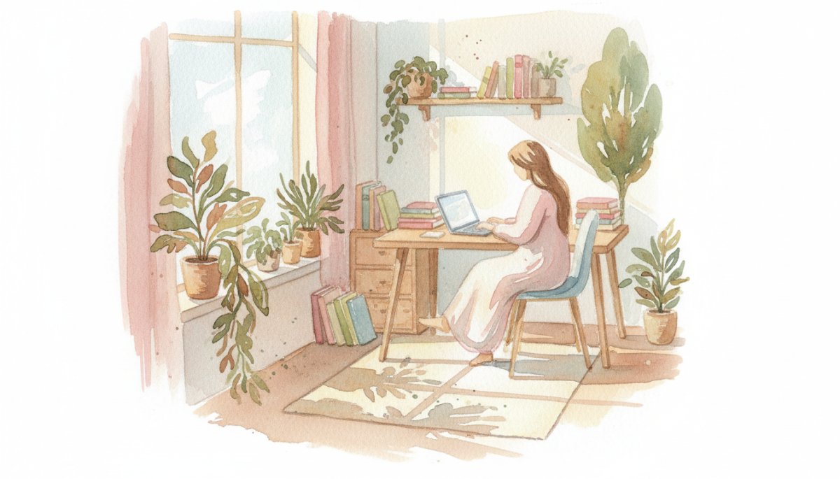 在宅ワークをするWebライター 温かい雰囲気のホームオフィス