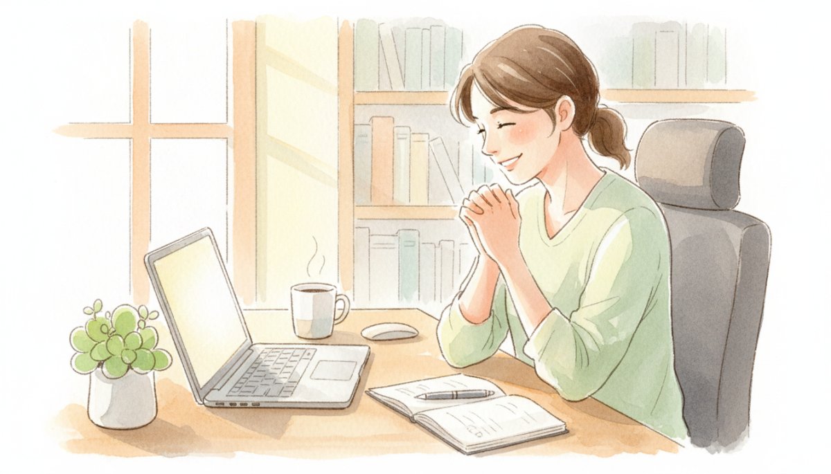 小さな成功を喜ぶ人の様子を表現した水彩画