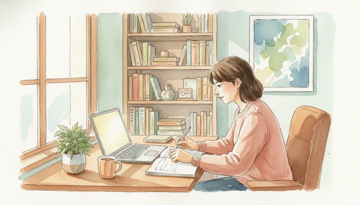 オンライン学習をする人の様子を表現した水彩画