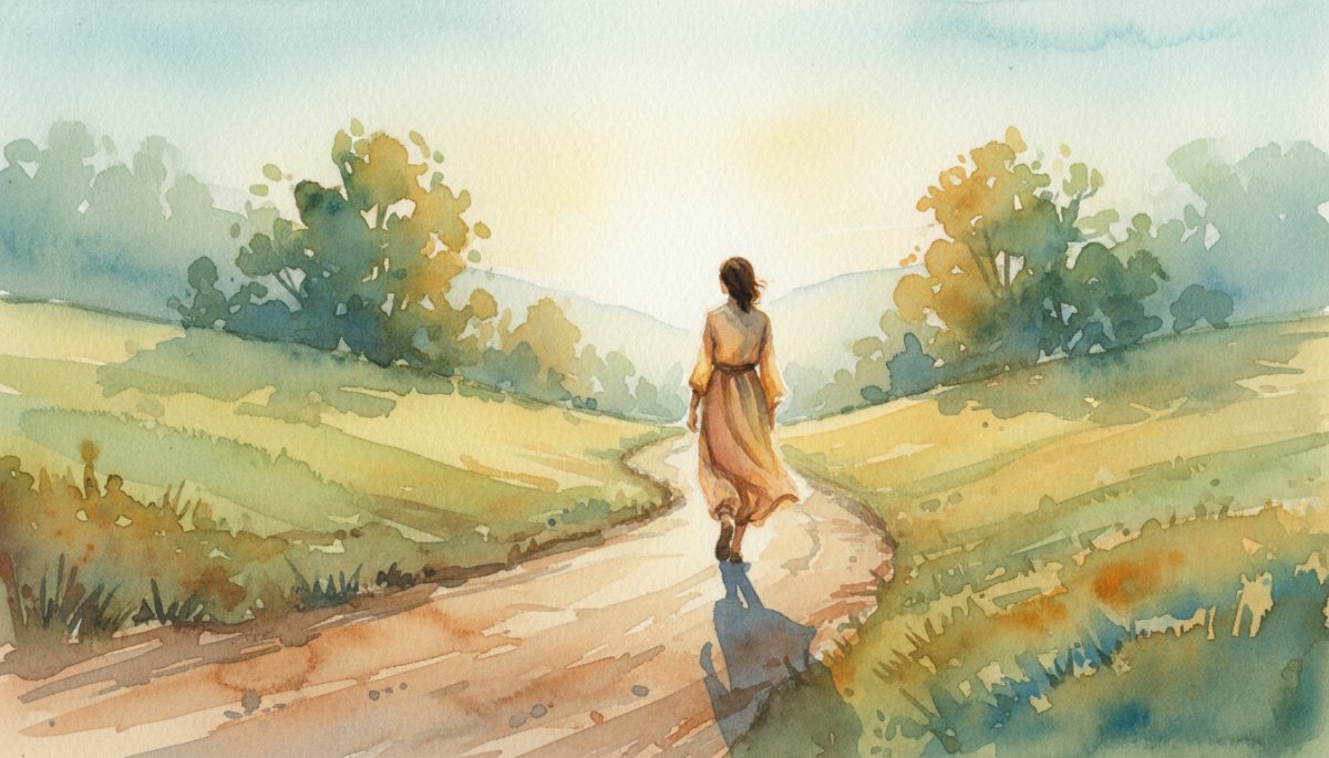 新しい一歩を踏み出す人の姿を描いた水彩画