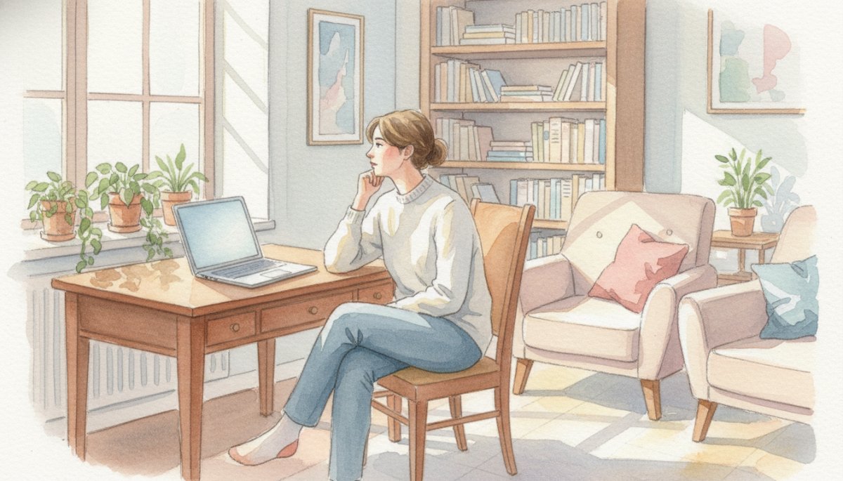 在宅ワーク学習中の主婦、焦りと不安を抱える様子