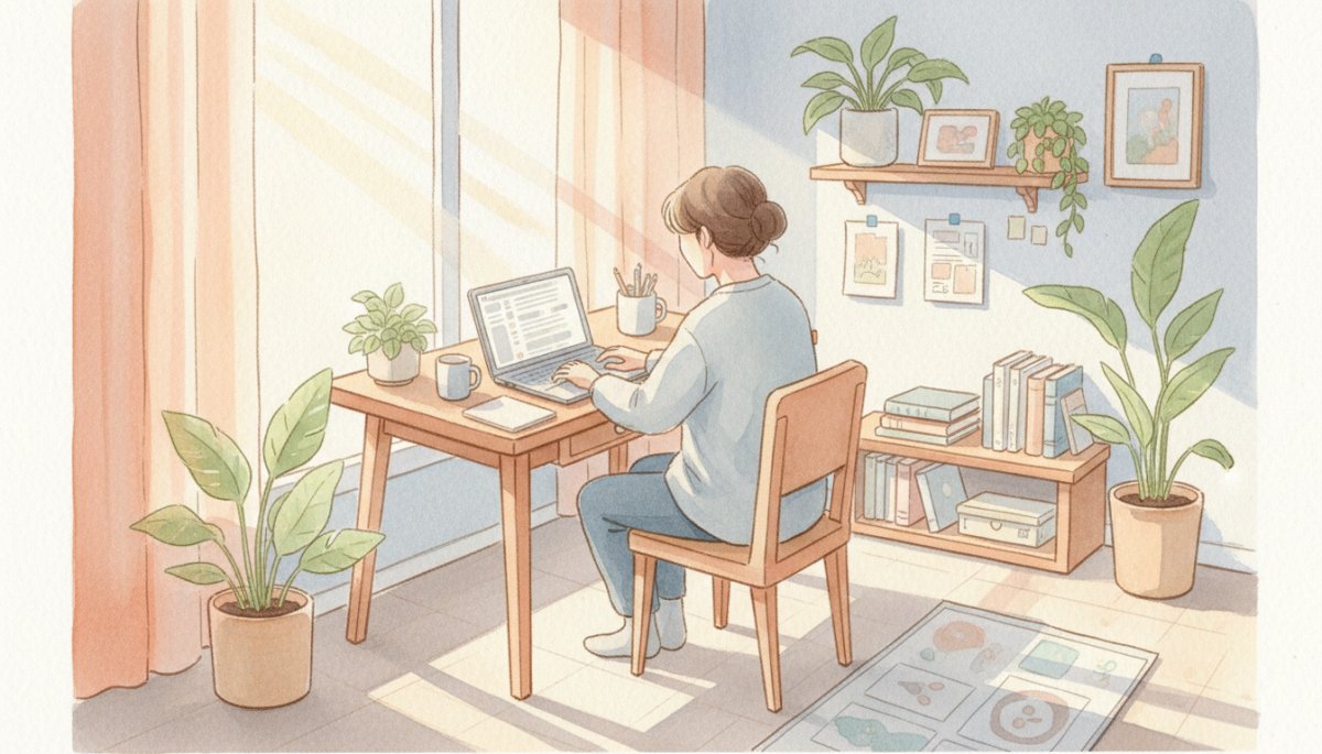 在宅ワークで成功した主婦、パソコンで仕事をする様子