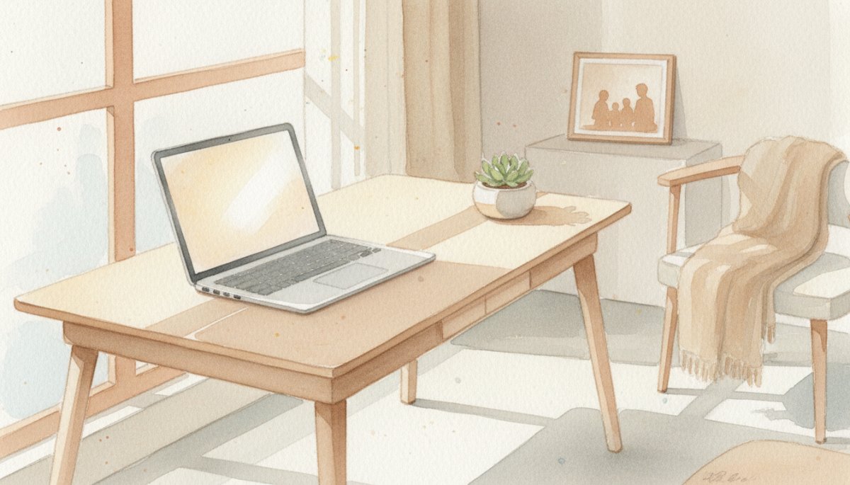 育児中のママが自宅でパソコンを見つめる様子