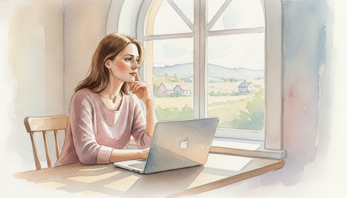 パソコンの前で悩む女性の水彩画