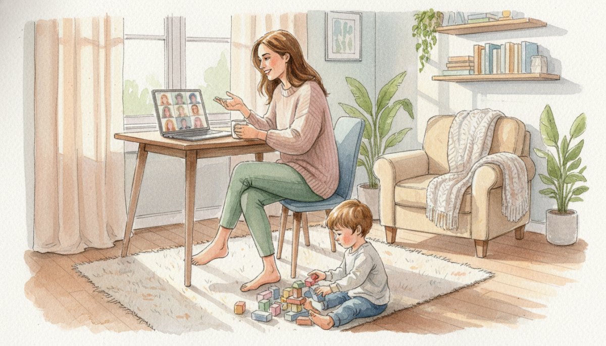 オンラインカウンセリングを受ける女性と子供の水彩画