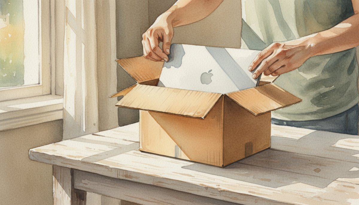 届いたレンタルパソコンを開封する様子の水彩画