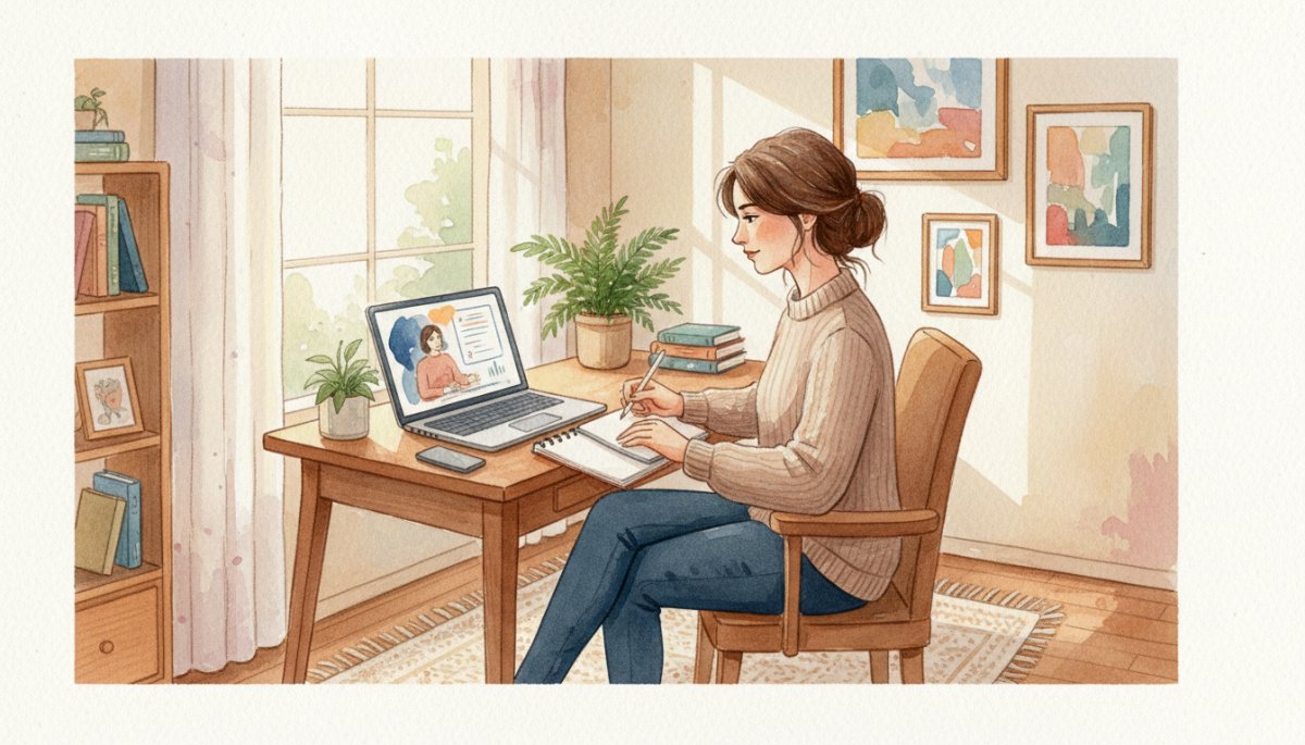 オンライン講義を受講する女性の水彩画