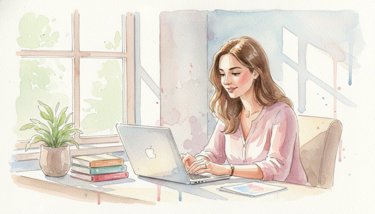 パソコンで在宅ワークをする女性の水彩画