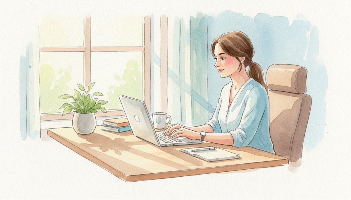 新しいパソコンで作業する女性の水彩画