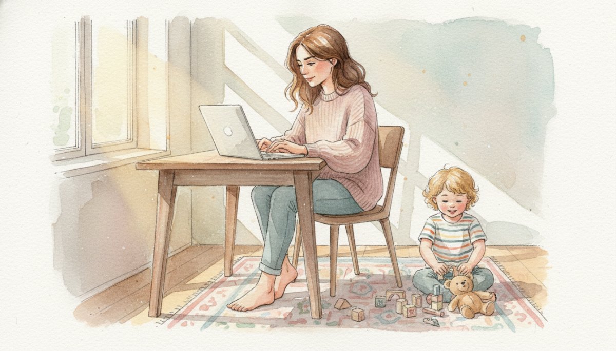 子供と一緒に過ごしながら働く女性の水彩画