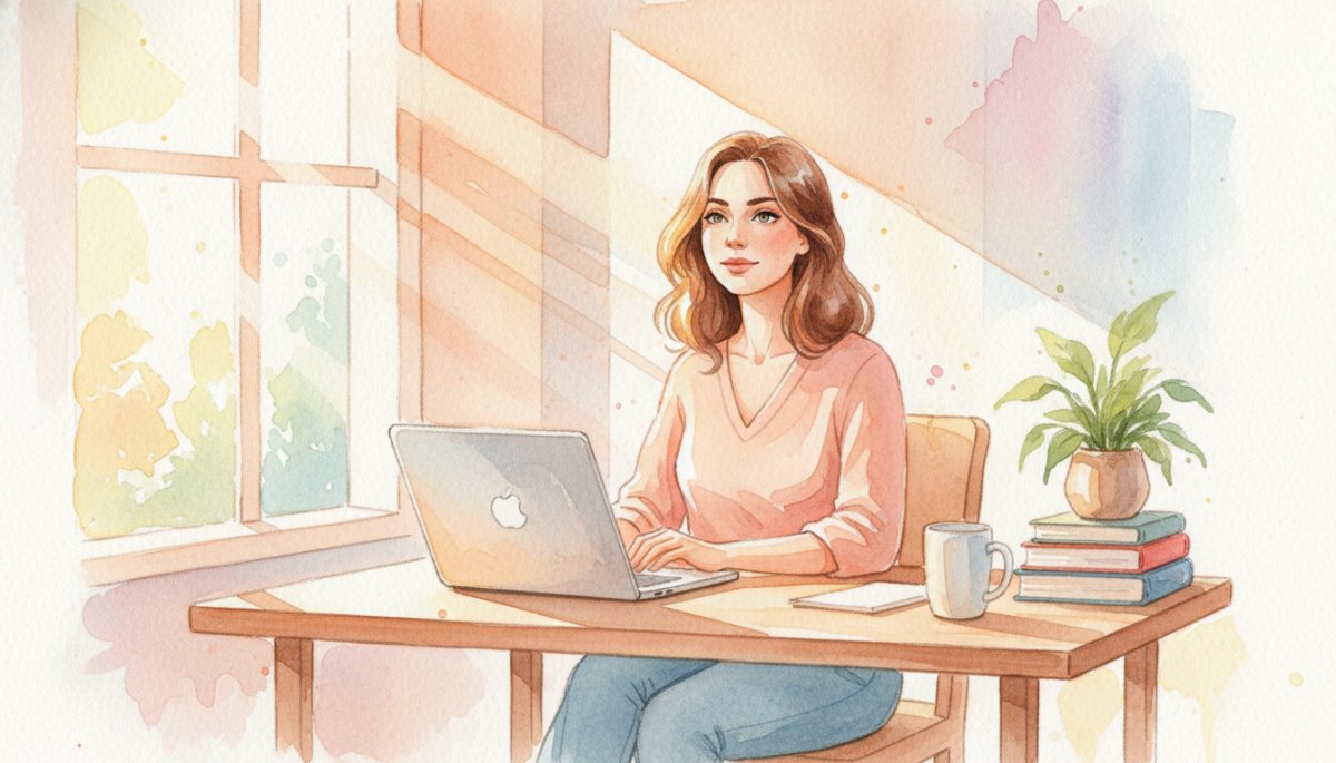 前向きな気持ちでパソコンに向かう女性の水彩画