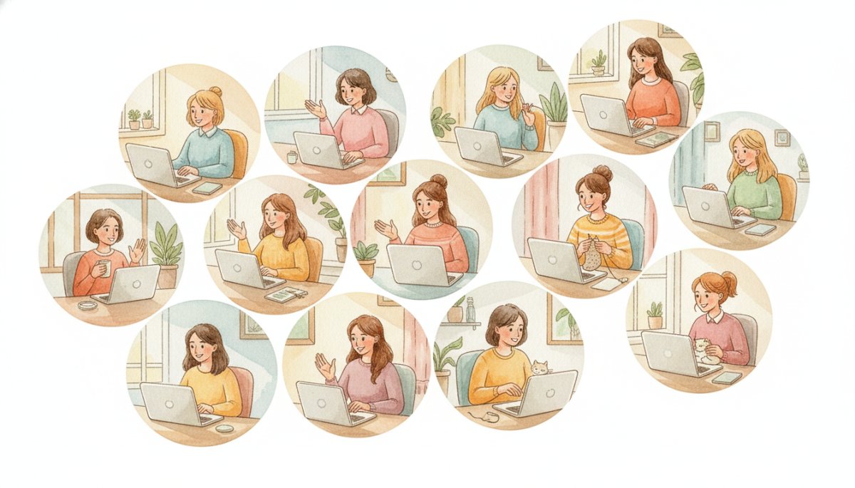 オンラインで交流するママたちの水彩画