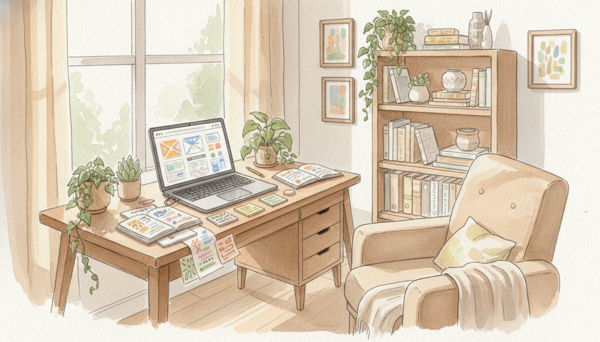 SEOポートフォリオ作成に悩む女性のイメージ 水彩画