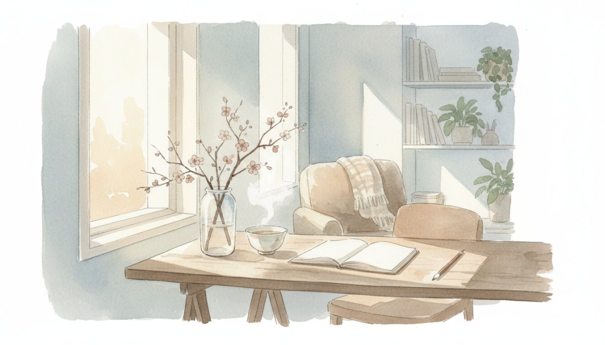 在宅ワークで悩む女性の様子を表現した水彩画