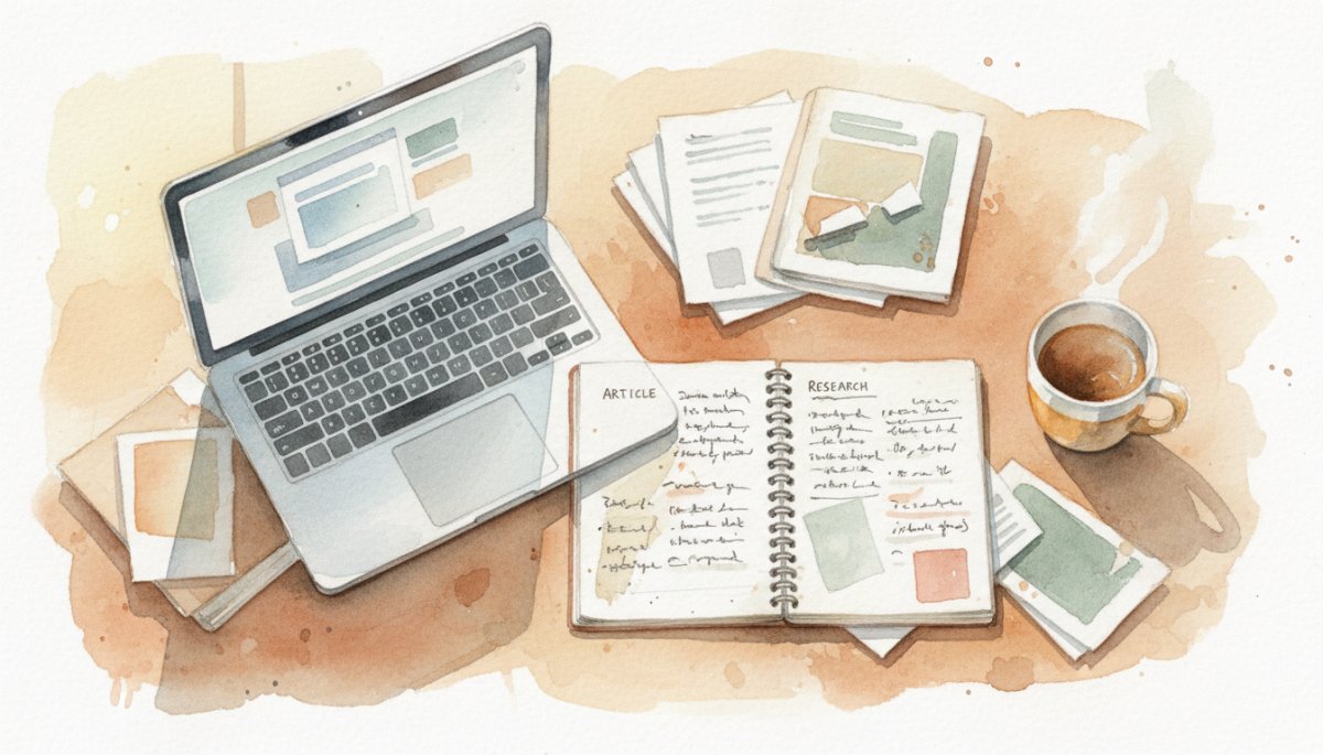 リサーチノートとパソコンが並ぶデスク